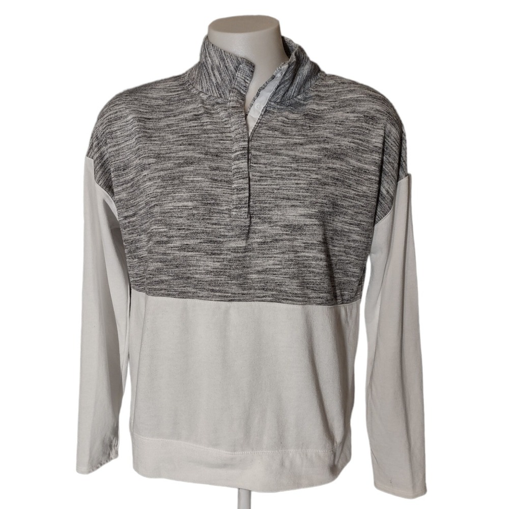 SO Sweatshirt XL Womens Norm Core Gray White Mock Neck Button Pullover Space Dye